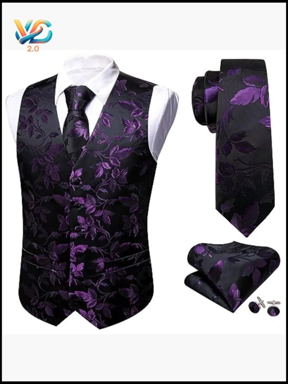 Men's Silk Vest & Tie Set with Cufflinks, Pocket Square, Tie Clip - 5 Piece